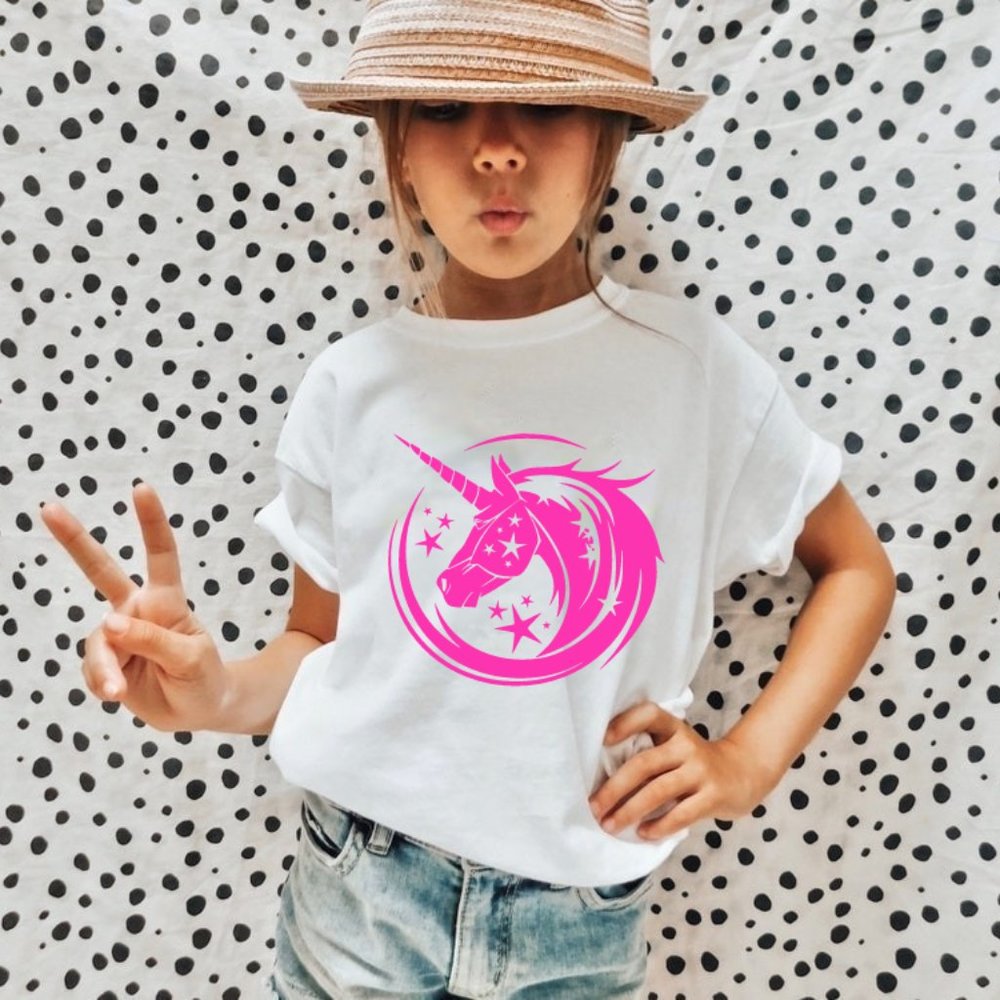 Youth andToddlers Unicorn White Shirt with Hot Pink Design, Unicorn Design Shirt